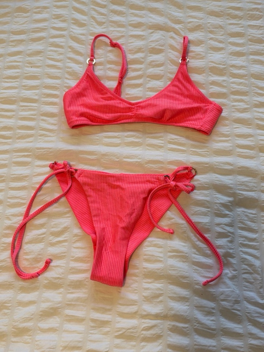aerie Hot Pink Ribbed Tie-Side Bikini Set